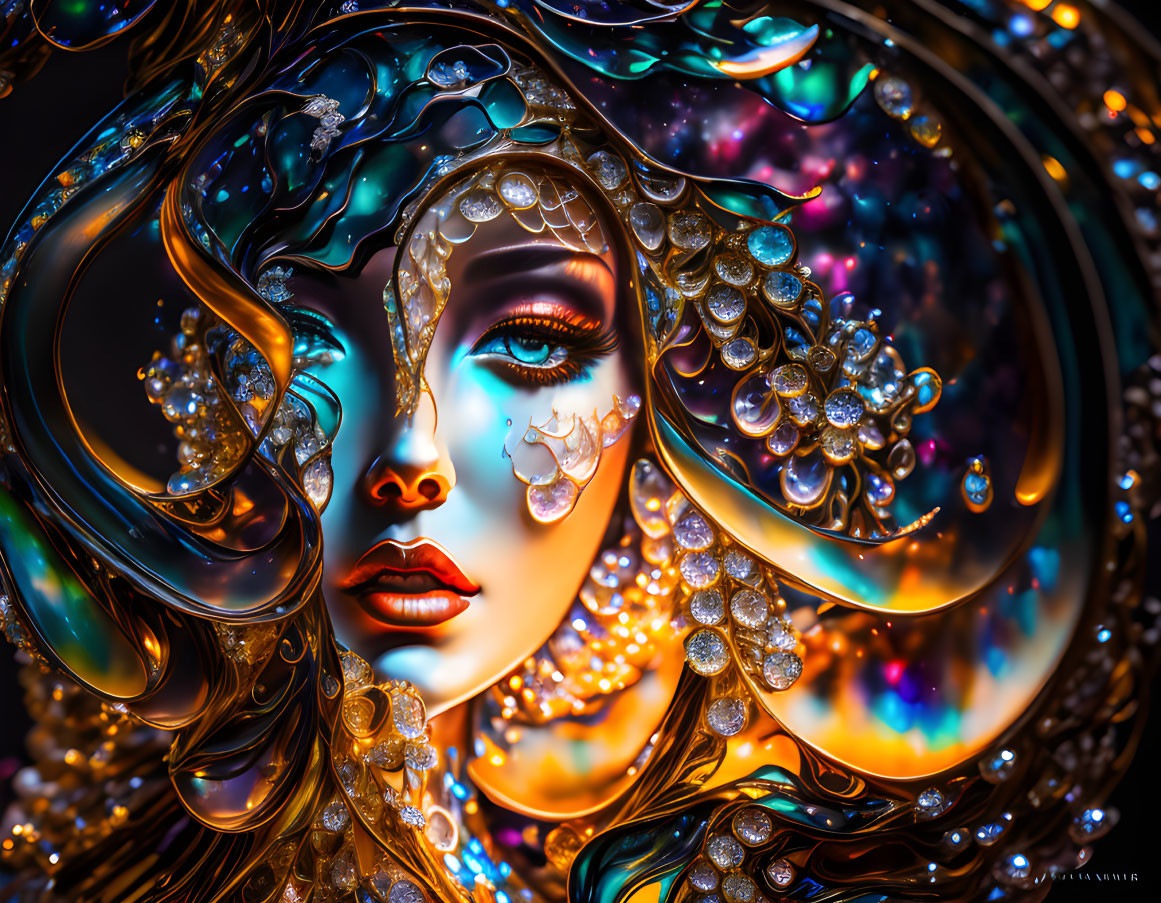 Vivid cosmic digital artwork of a woman with ornate elements