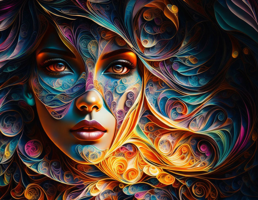 Colorful digital artwork: Woman's face with swirling patterns