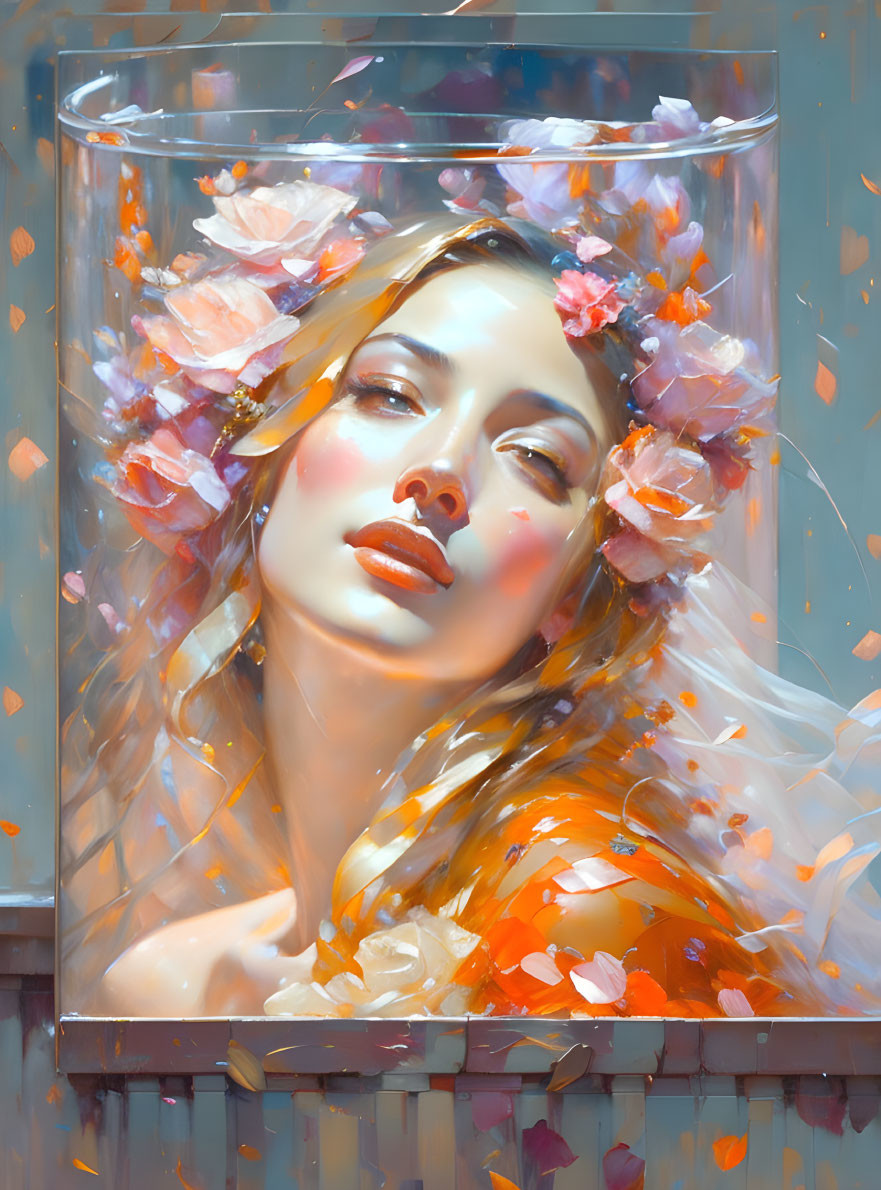 Woman in glass container with water and orange flowers under sunlight