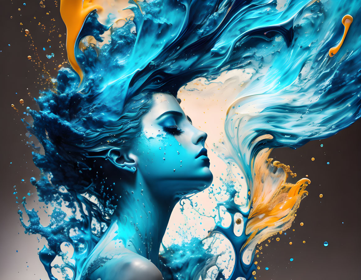 Blue-skinned woman in digital art with flowing blue and orange liquid surroundings