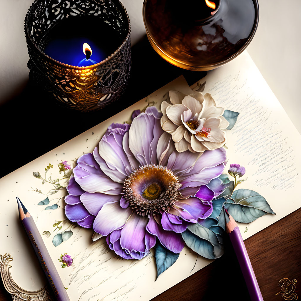 Detailed botanical illustration with vibrant purple hues, pencils, candle, and soft lighting