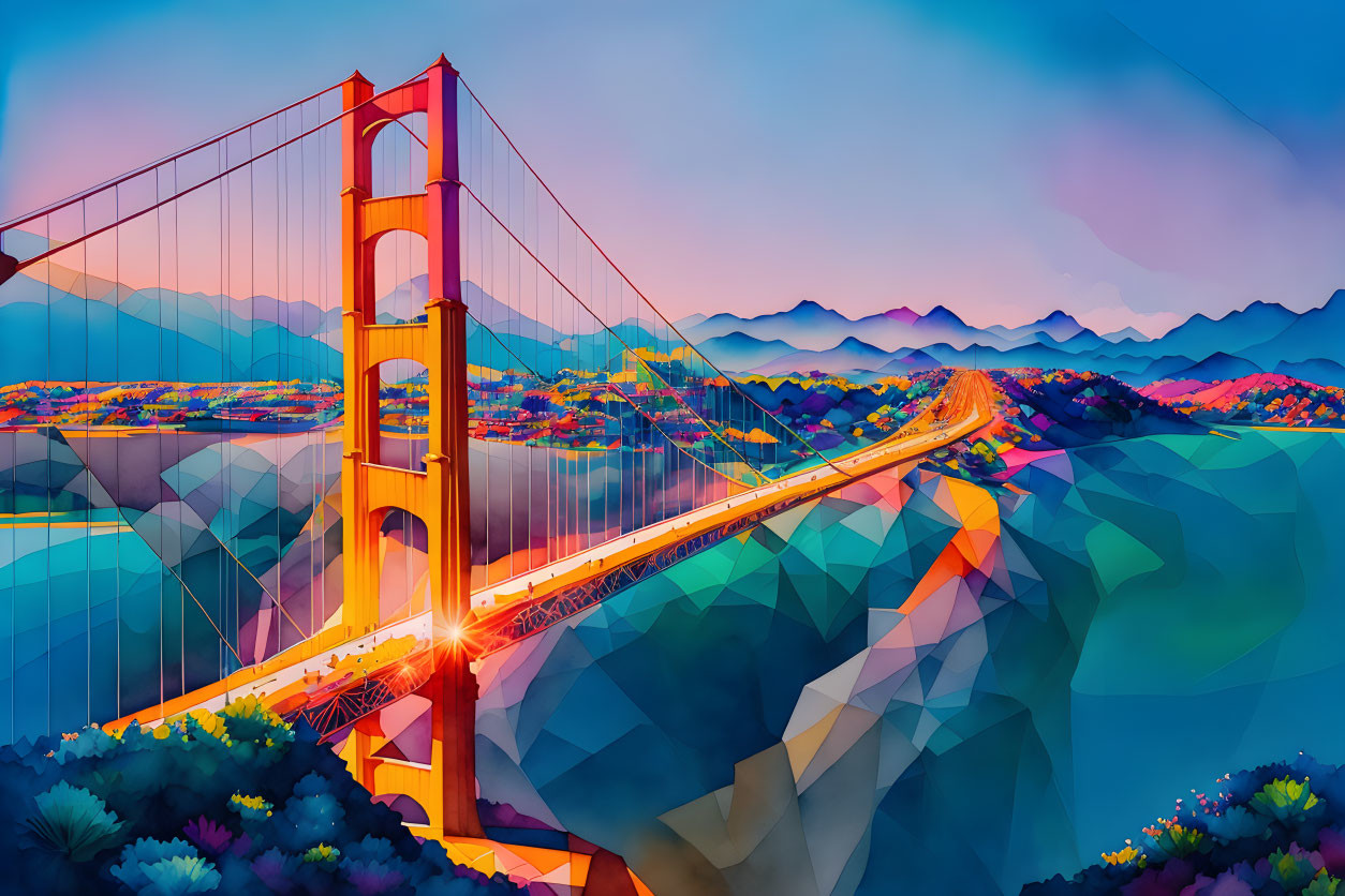 Colorful Sunset Over Geometric Golden Gate Bridge Art