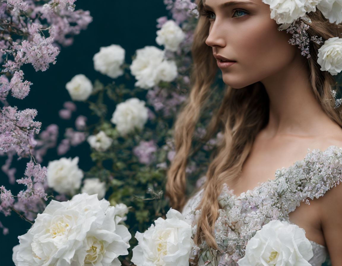 Woman with flowers in hair surrounded by white roses and lilacs on teal background