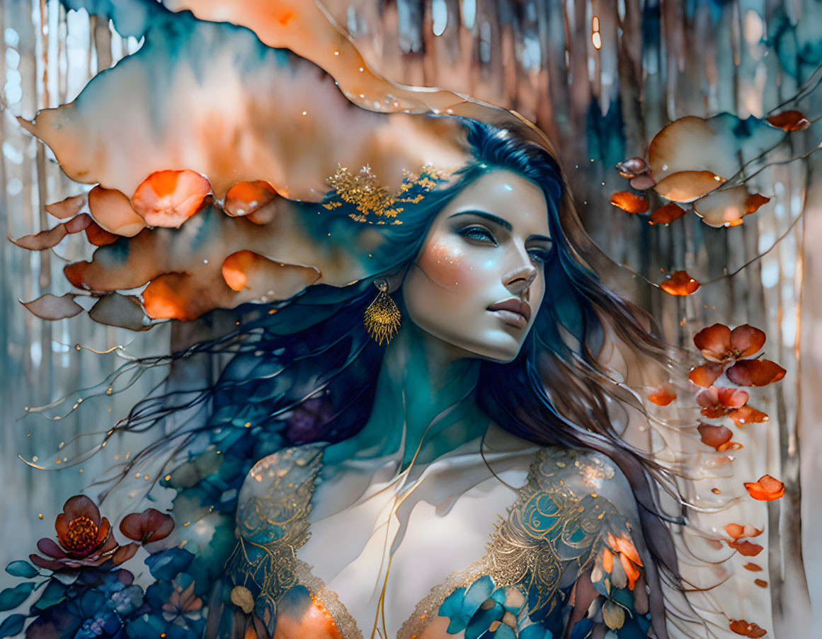 Surreal portrait of a woman with flowing hair and embellished skin among autumn leaves and golden light