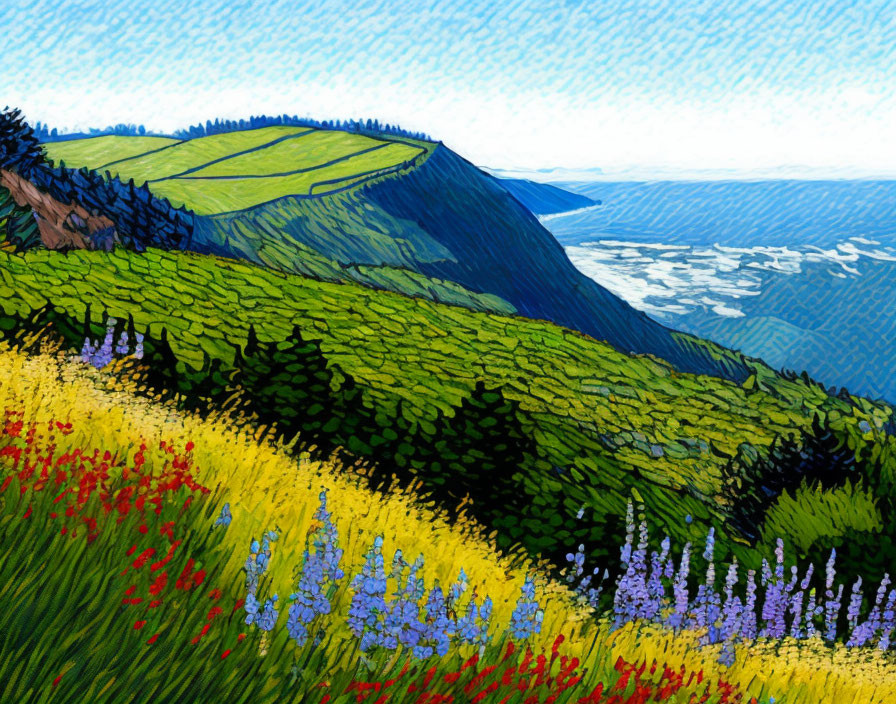 Impressionist-style coastal landscape with green hills and wildflowers