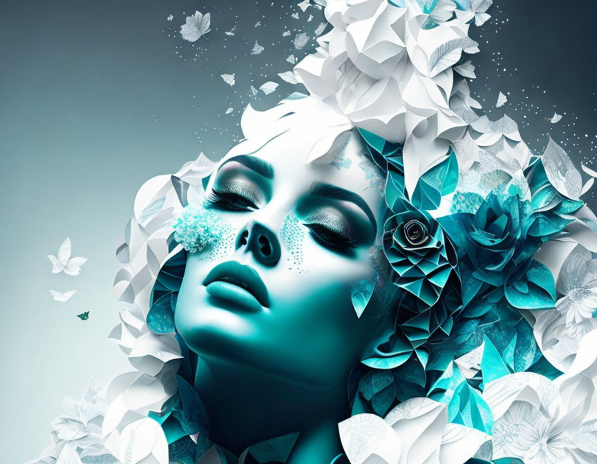 Surreal artwork: Blue-skinned woman, white flowers, butterflies, geometric patterns, single rose