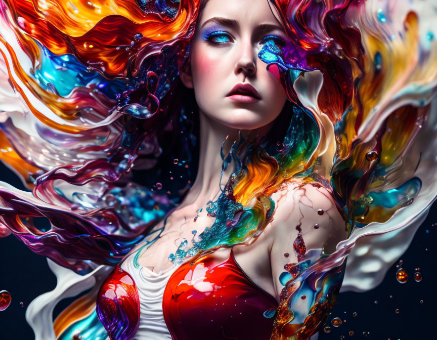 Vibrant artistic portrait of a woman with flowing paint in her hair