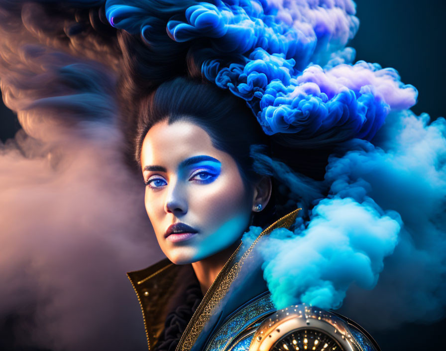 Woman with Striking Blue Makeup in Vibrant Blue Smoke