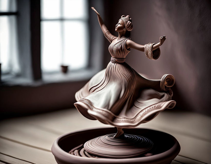 Elegant dancer statuette with swirling skirts on rotating stand by window with diffused light