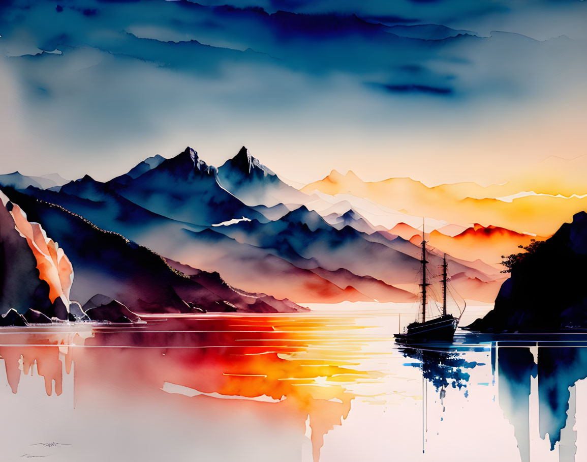 Sailboat watercolor landscape: serene sunset over mountains