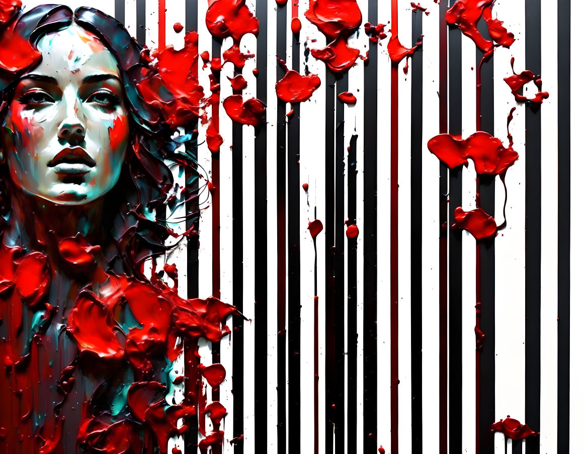 Abstract digital artwork of turquoise-skinned woman in red splatters and black/white stripes.