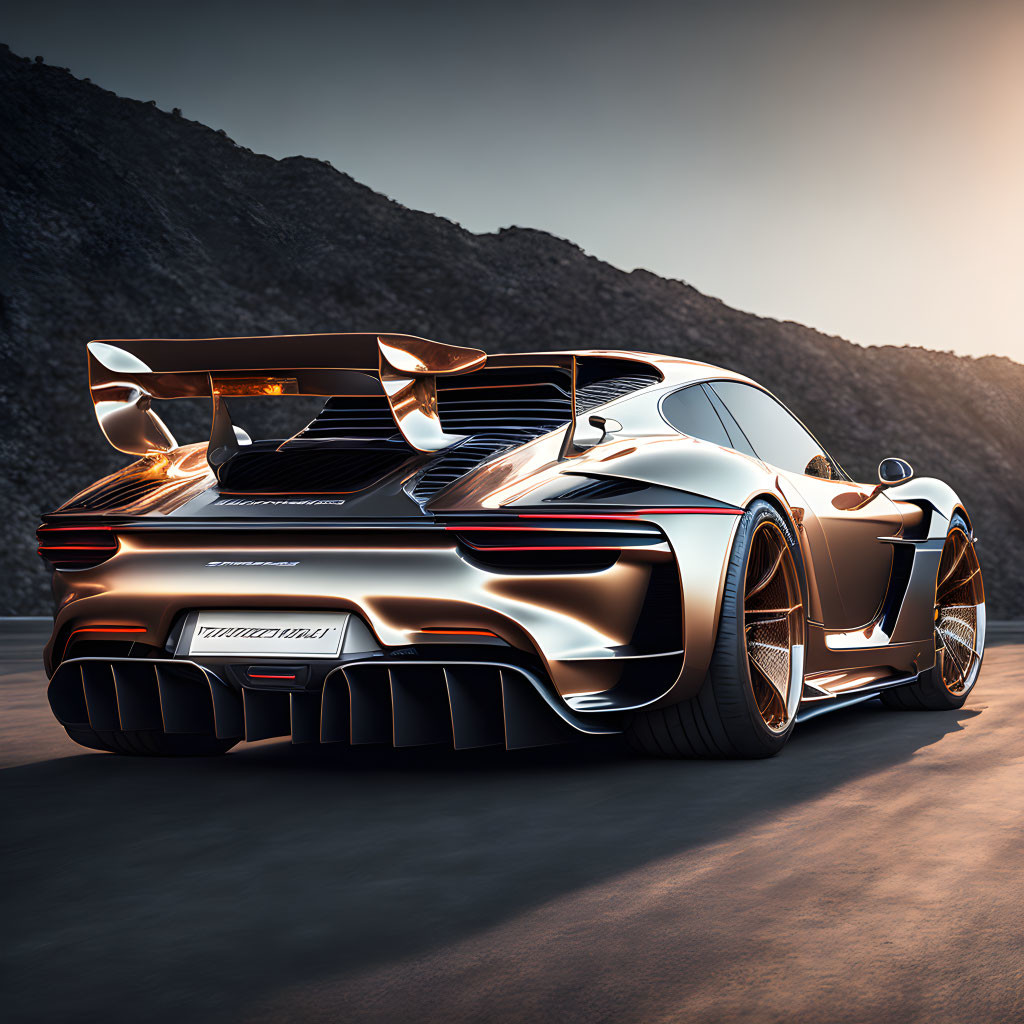 High-performance sports car with rear wing in sunset mountain backdrop