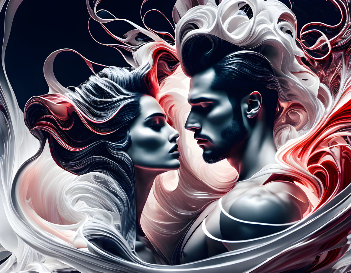 Man and woman with flowing hair in yin-yang motif, red, white, and blue color