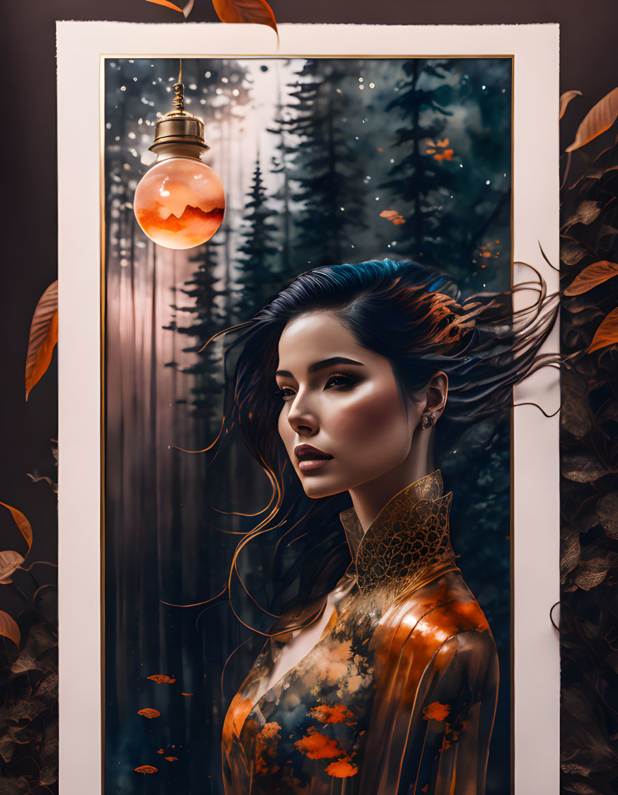 Digital artwork: Woman with dark hair in forest surrounded by autumn leaves and glowing lightbulb