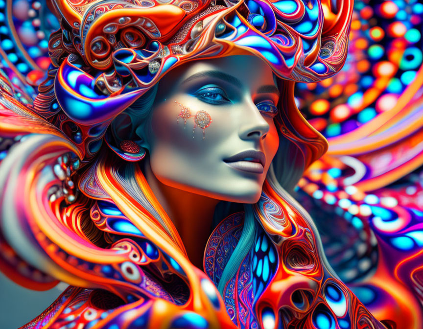 Colorful digital portrait of a woman with blue eyes and ornate headgear on psychedelic backdrop