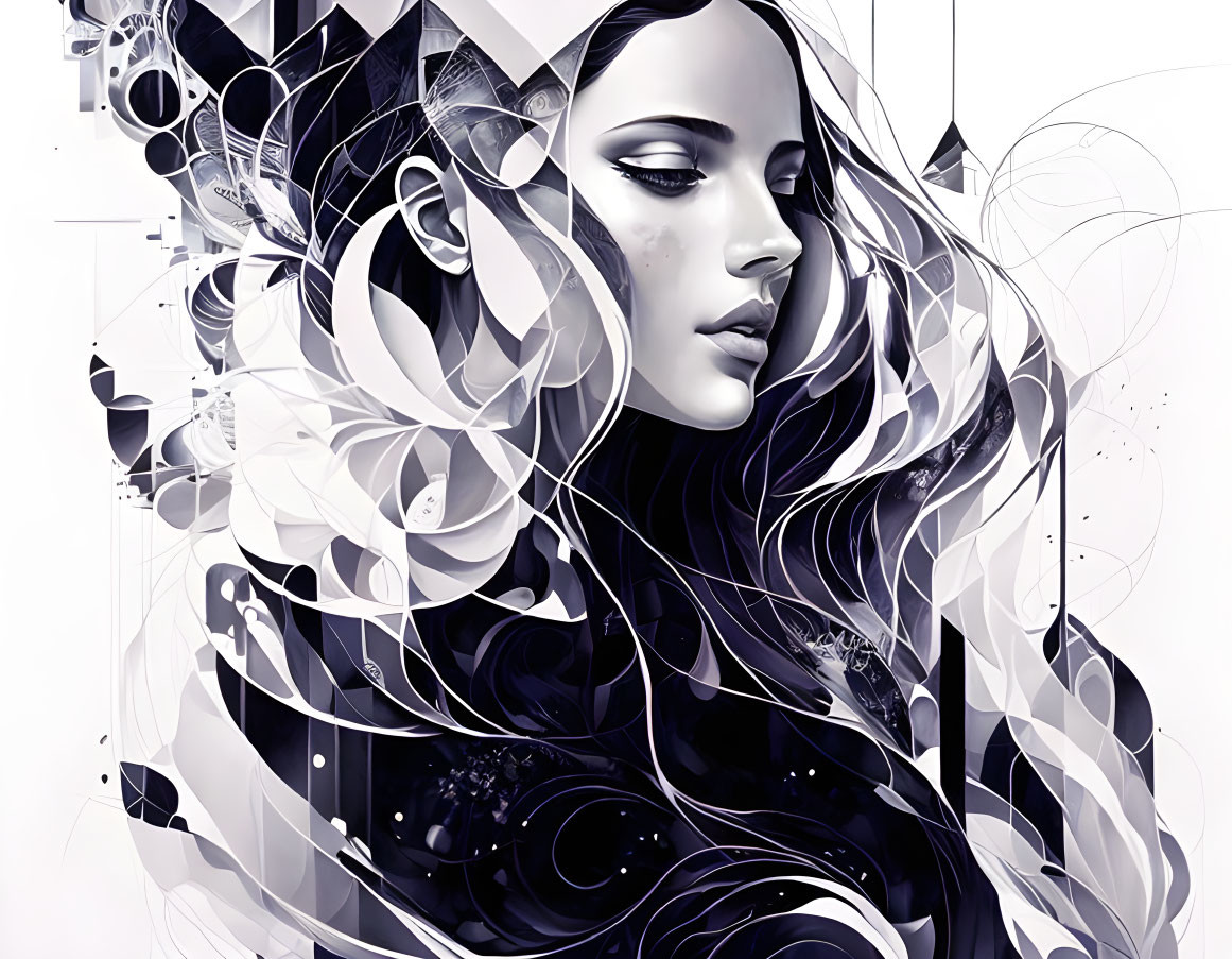 Monochromatic illustration of woman with intricate patterns in flowing hair