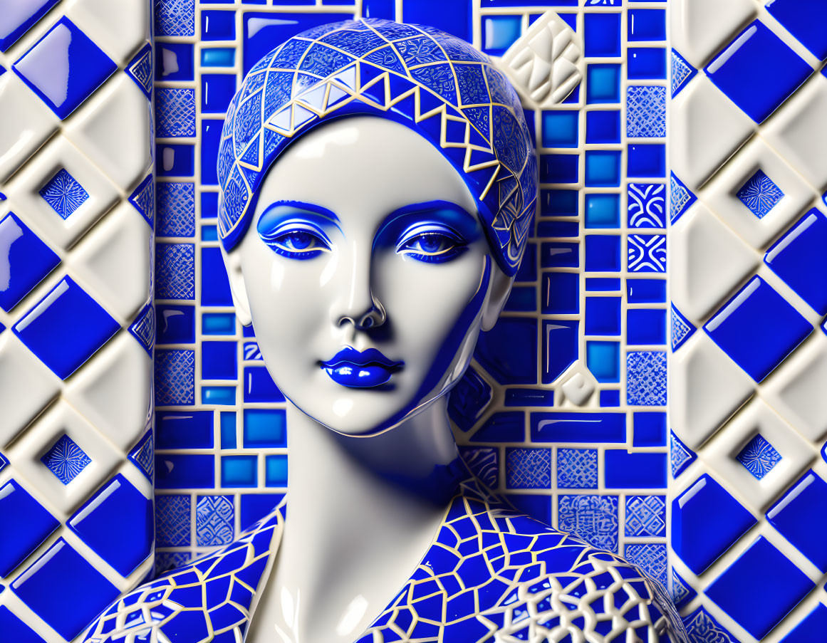 Intricate Blue and White Porcelain Woman's Head in 3D Illustration