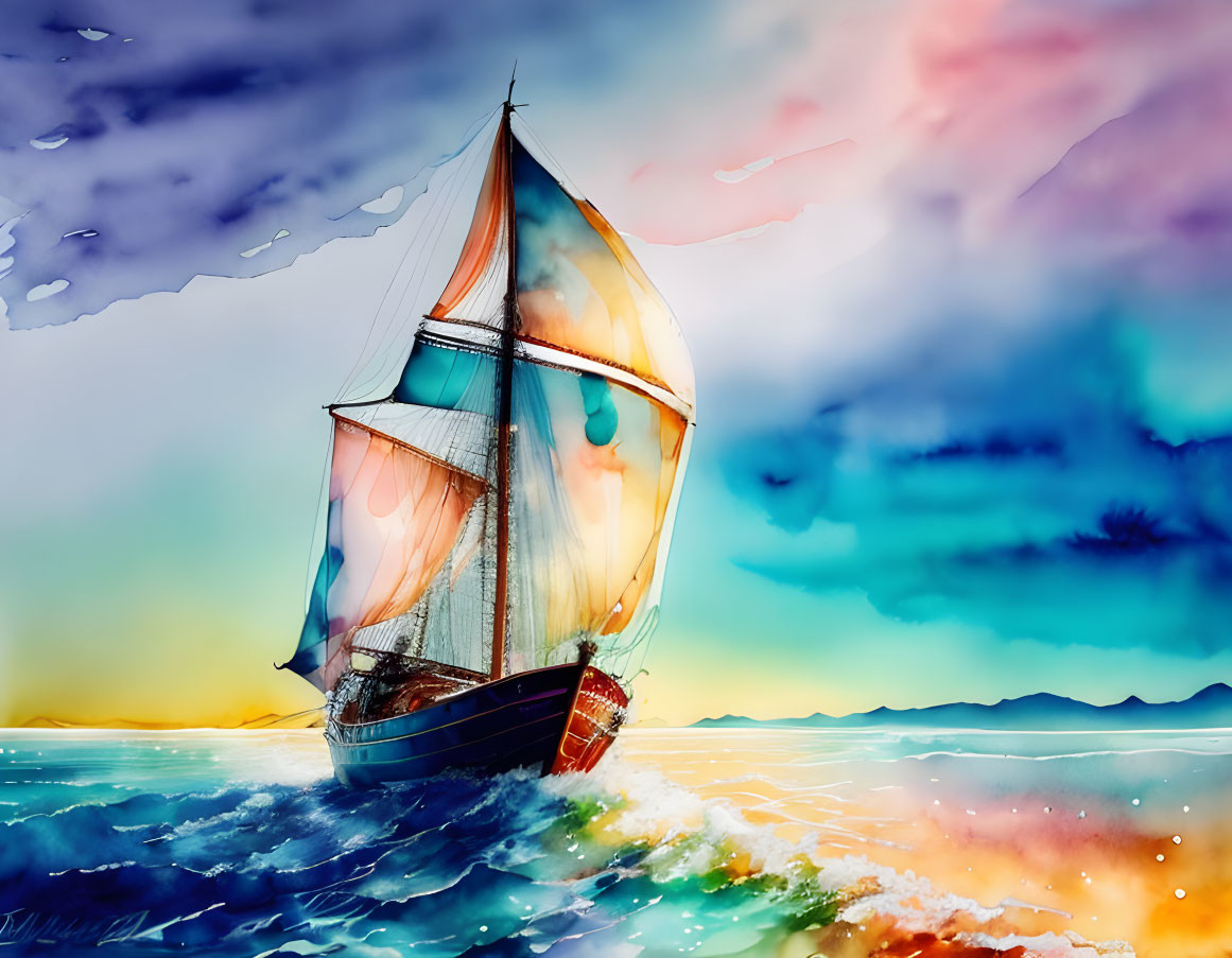 Colorful sailing ship on vibrant sea under sunset sky.