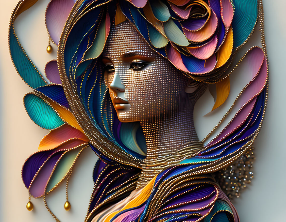 Colorful 3D paper art profile of a woman with intricate details