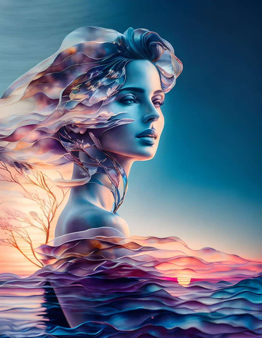 Woman's flowing hair merges with seascape and trees in serene sunset setting