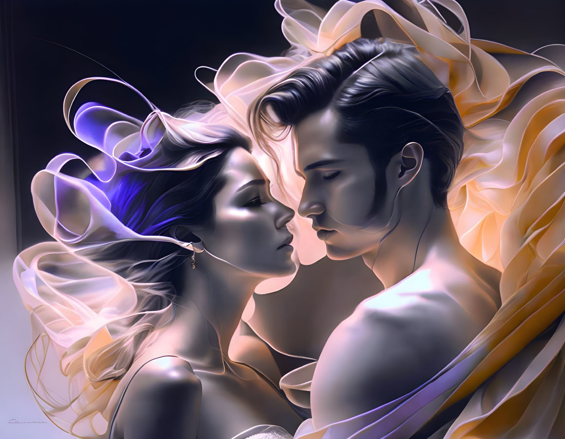 Romantic digital artwork with flowing hair and translucent ribbons