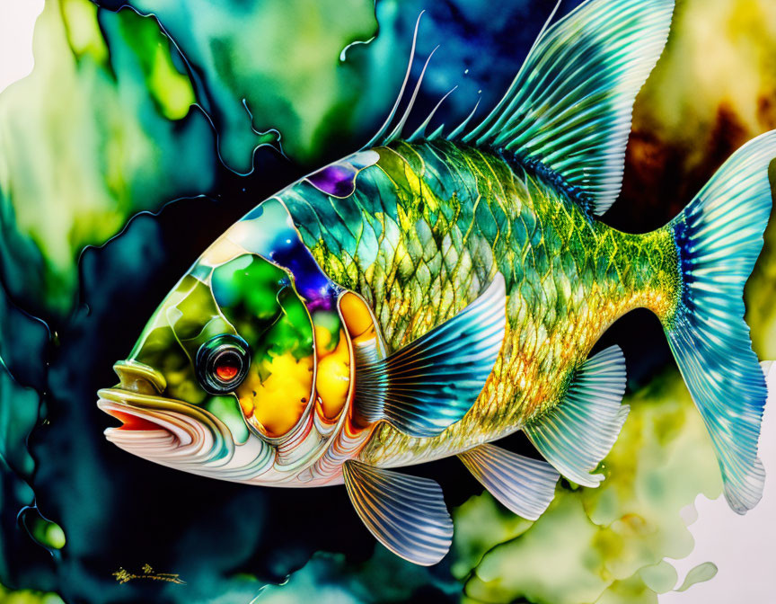 Vibrant digital fish art with intricate patterns in greens, yellows, and blues