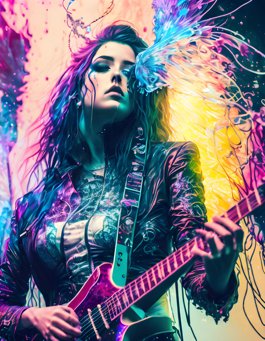 Colorful Artwork: Woman with Crown Playing Electric Guitar