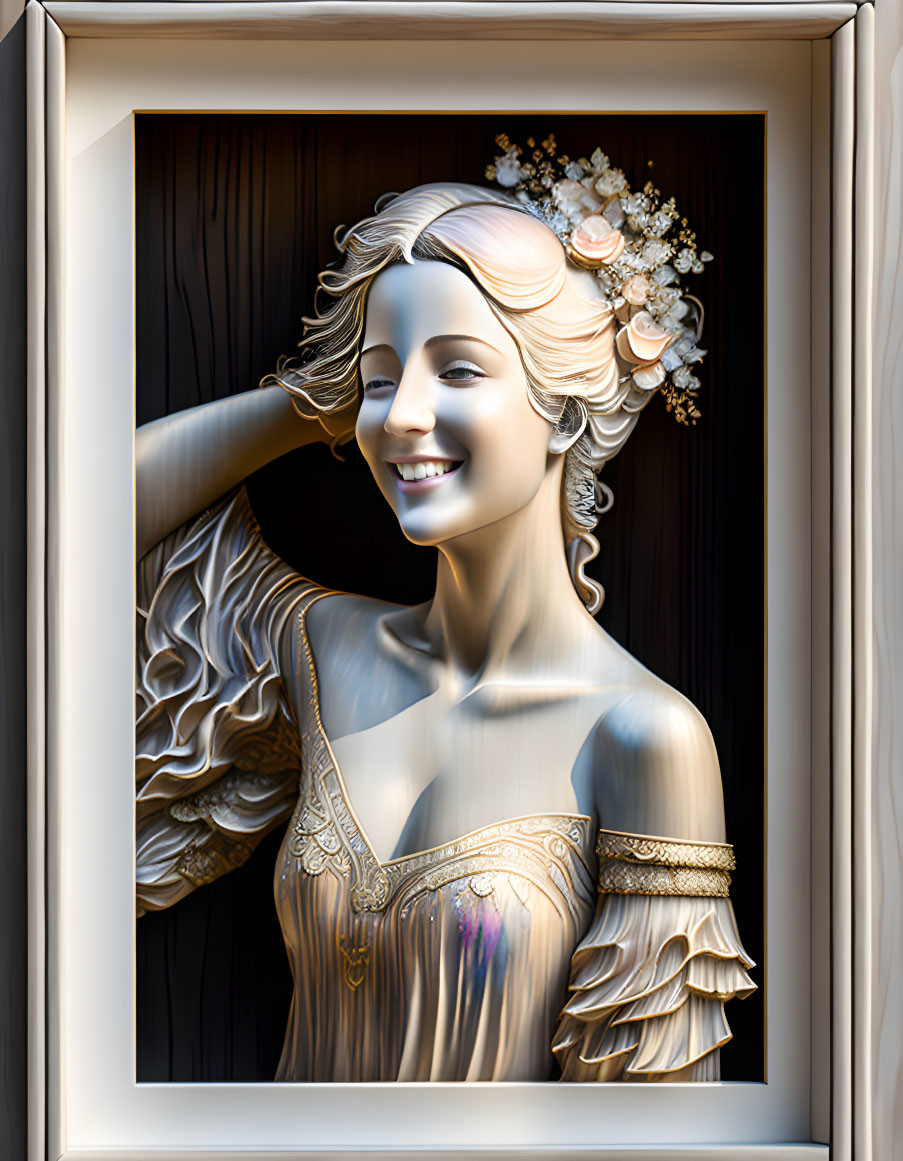 Smiling woman bas-relief sculpture in square frame