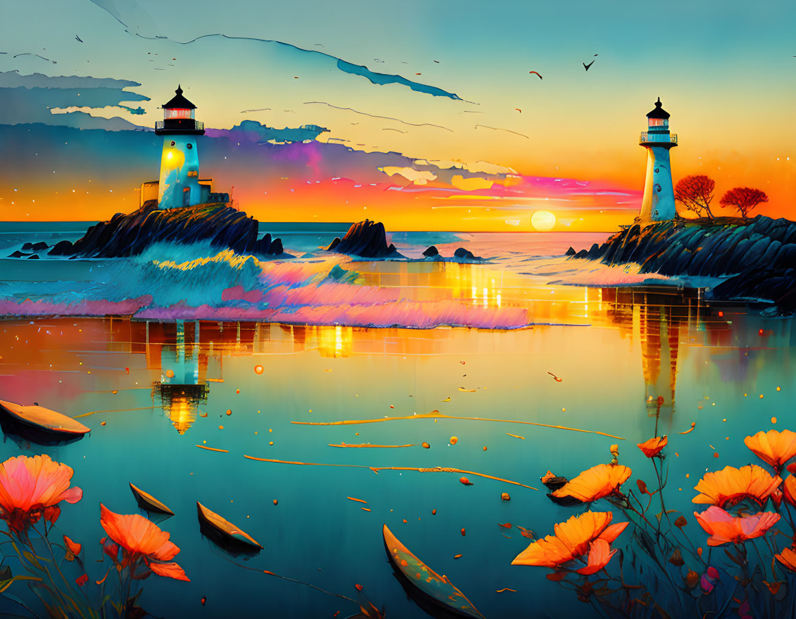 Twin lighthouses on rocky outcrops with sunset sky and birds in flight