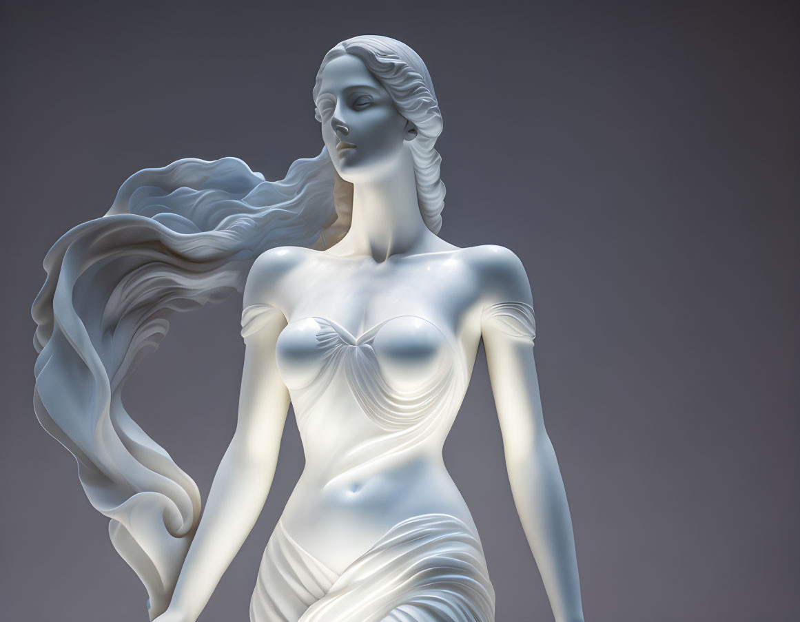 Elegant woman statue with flowing hair and draped cloth