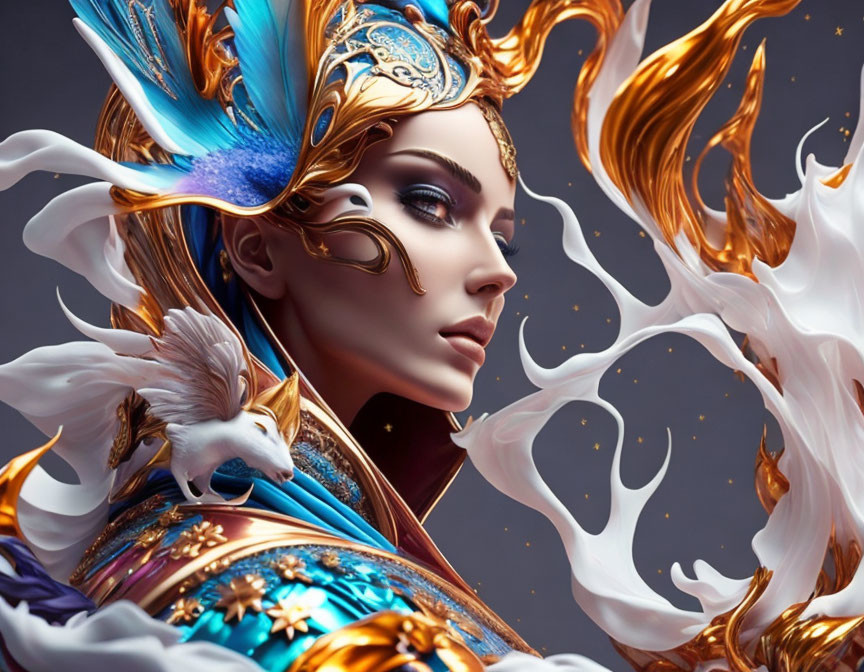 Fantastical female character in golden armor with blue plume and white-gold flames