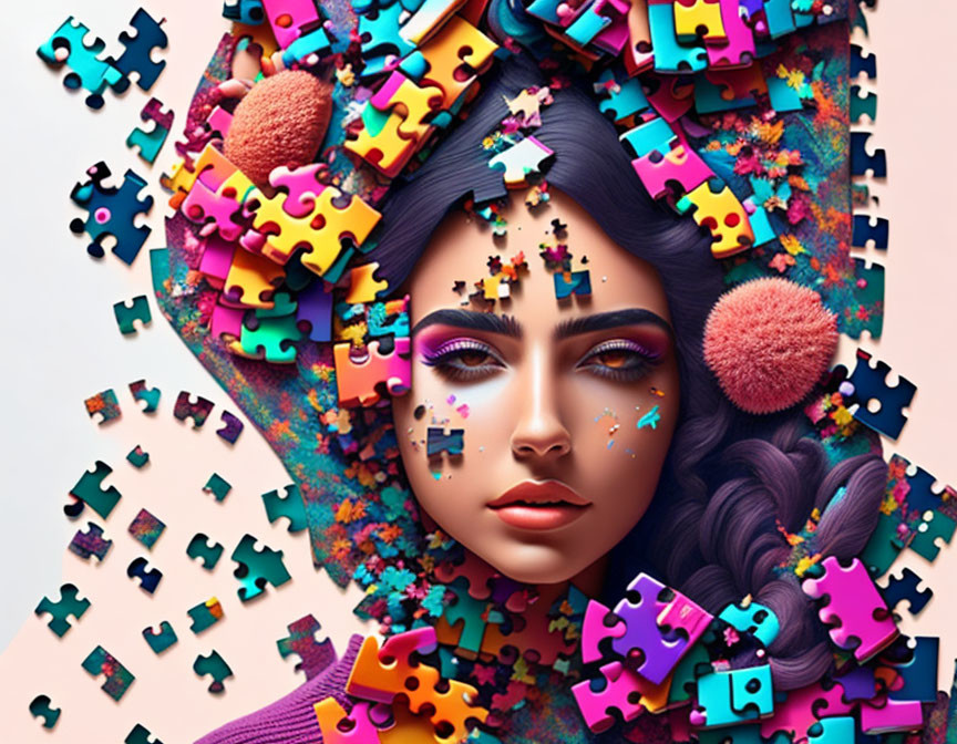 Colorful digital artwork: woman's face with floating puzzle pieces, vibrant makeup, braided hair with