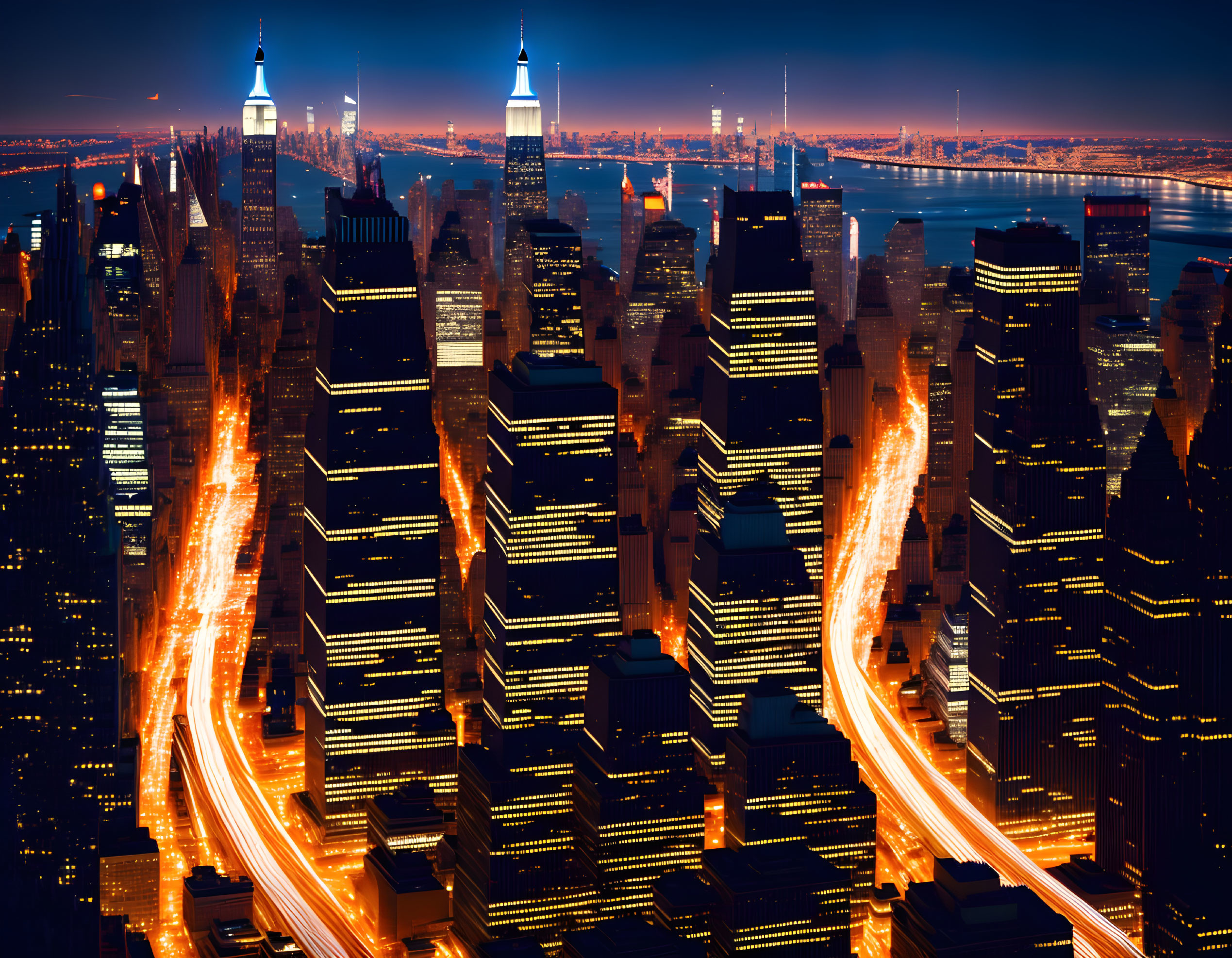 Vibrant urban cityscape with illuminated skyscrapers and bustling streets