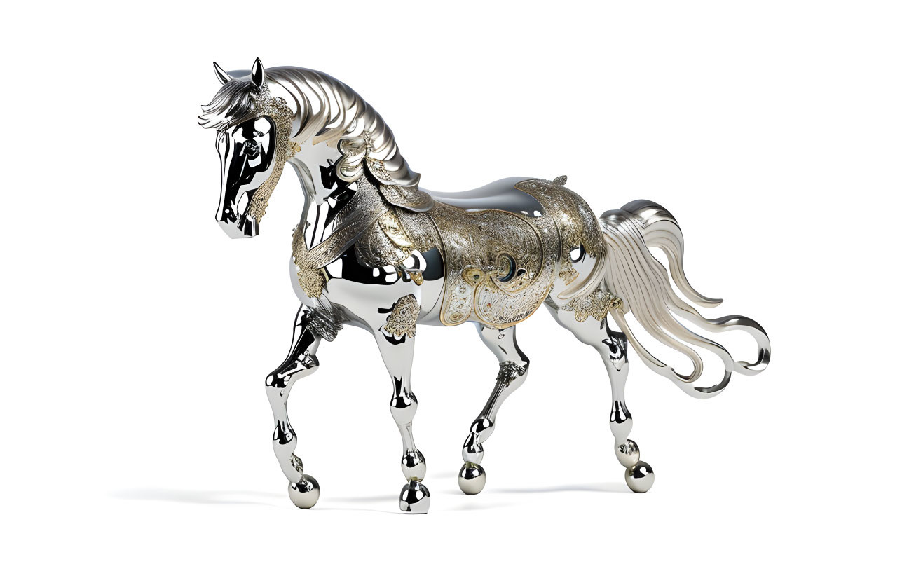 Intricate Metallic Horse Sculpture on White Background