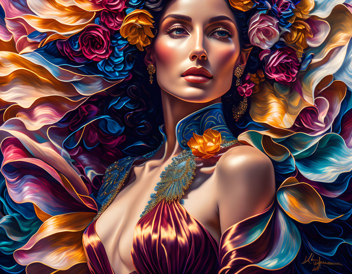 Colorful digital portrait of a woman with flowing hair and flowers