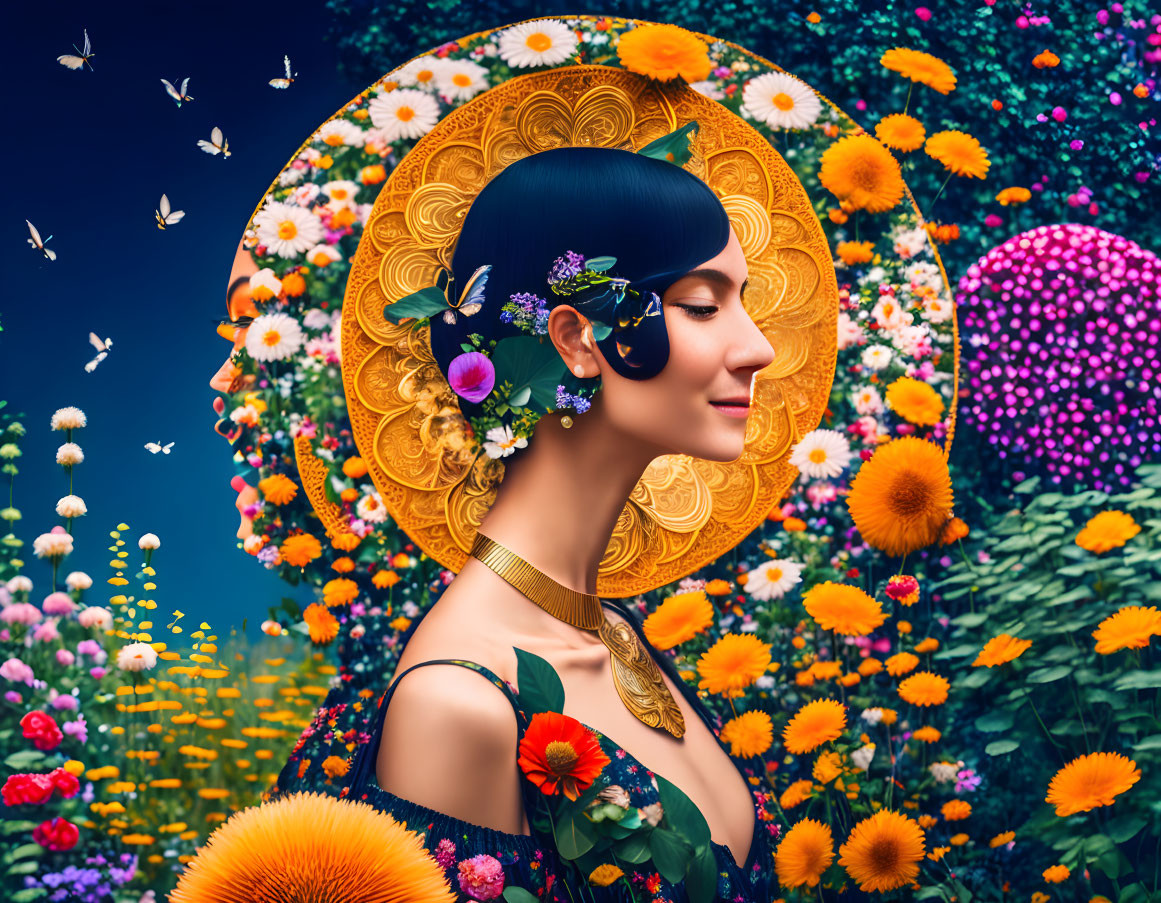 Stylized portrait of woman with golden halo and floral elements