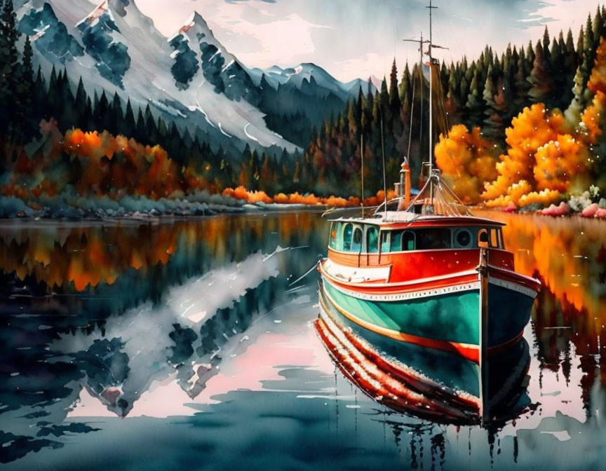 Scenic painting of boat on tranquil lake with autumn trees and mountains