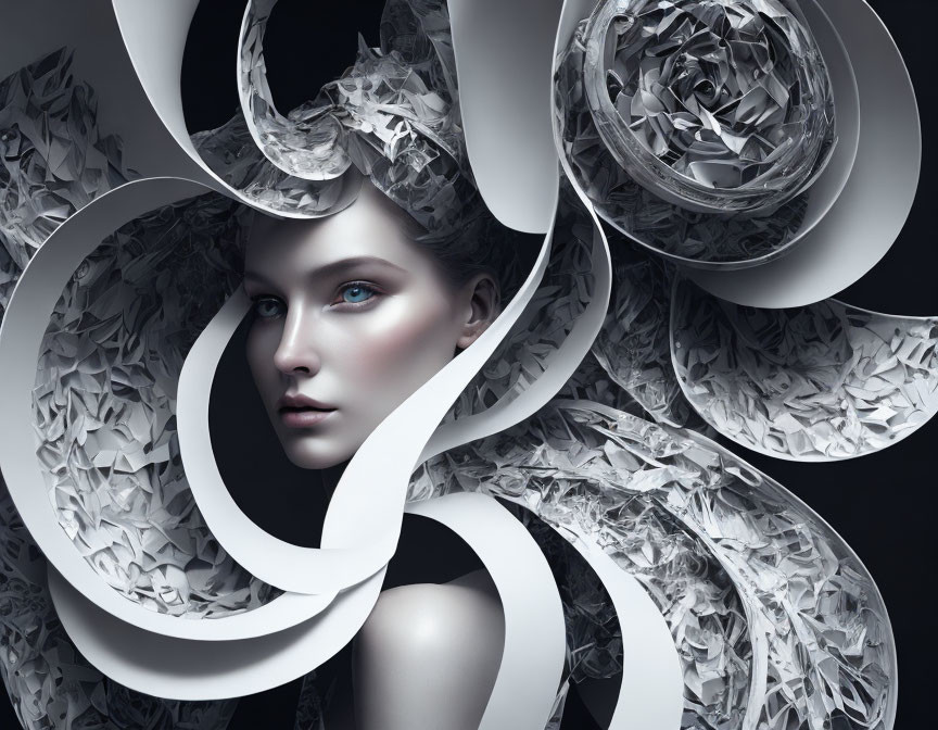 Abstract monochromatic artwork featuring woman's face and metallic roses