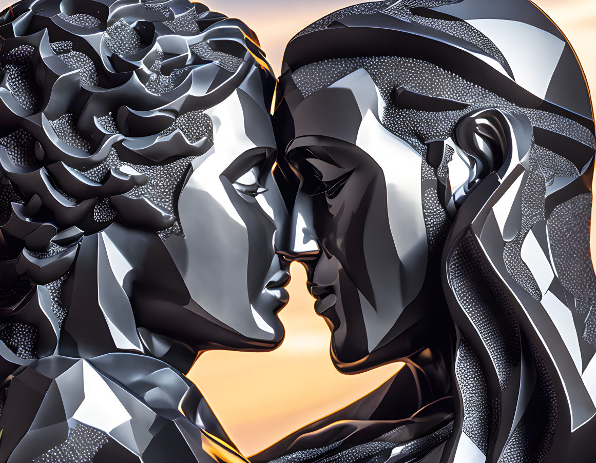 Stylized metallic faces in profile poised for a kiss on warm backdrop