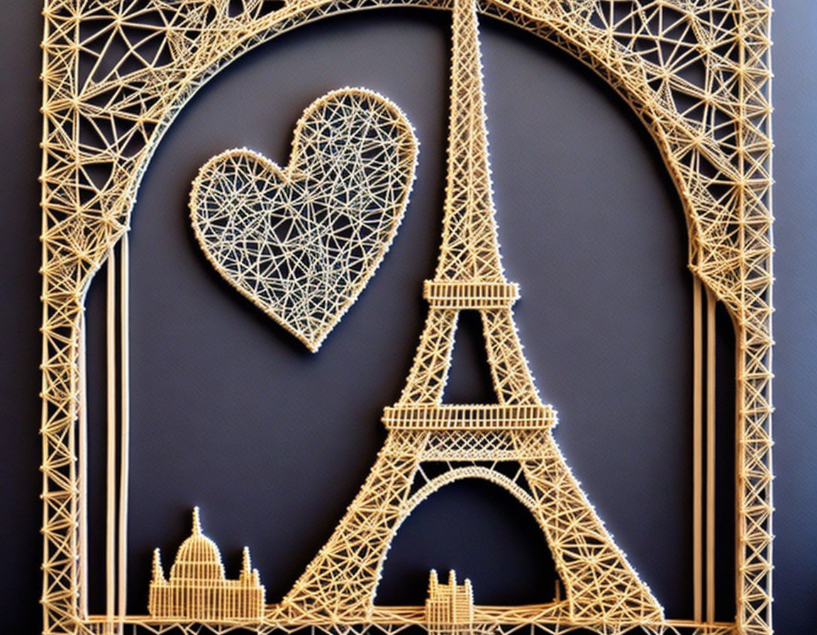 Eiffel Tower and heart string art on dark backdrop