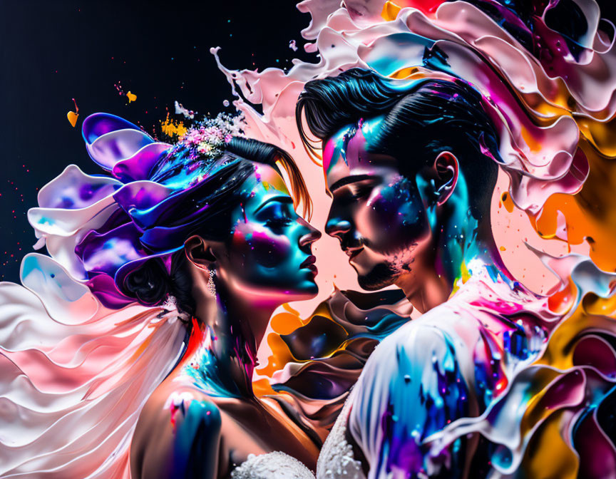 Colorful Paint-Splashed Portrait of Couple on Dark Background