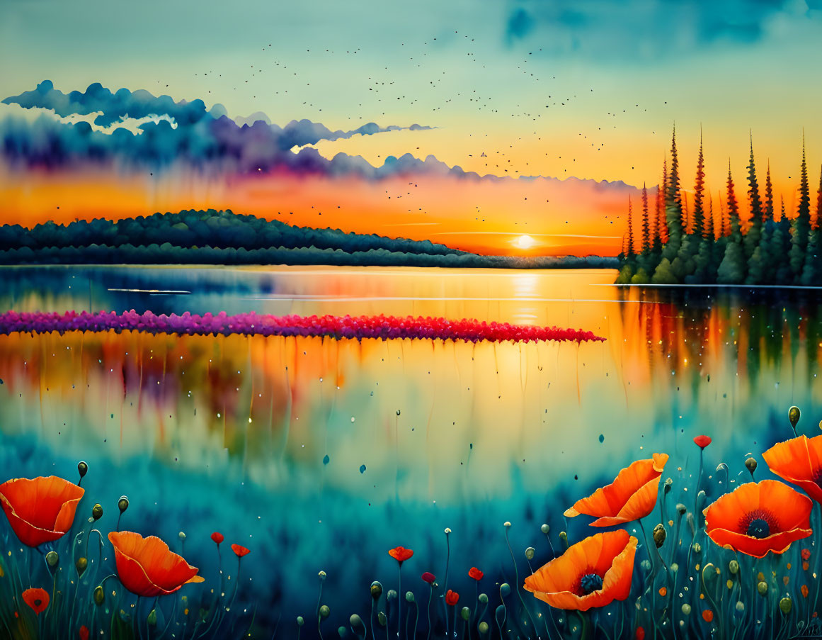 Scenic sunset painting with lake, forest, poppies, and birds