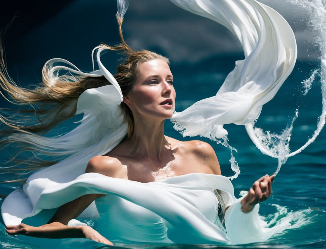 Woman in flowing white dress submerged in clear blue water