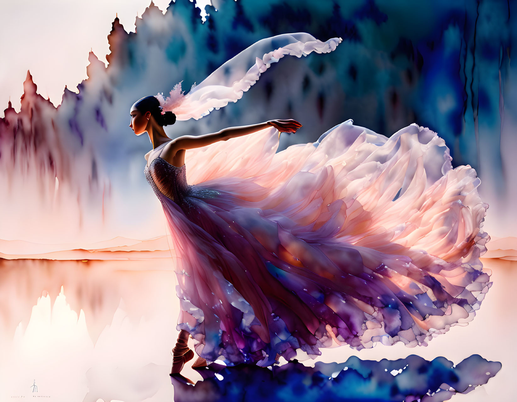 Graceful ballerina in purple and white gown dances by tranquil water with colorful background