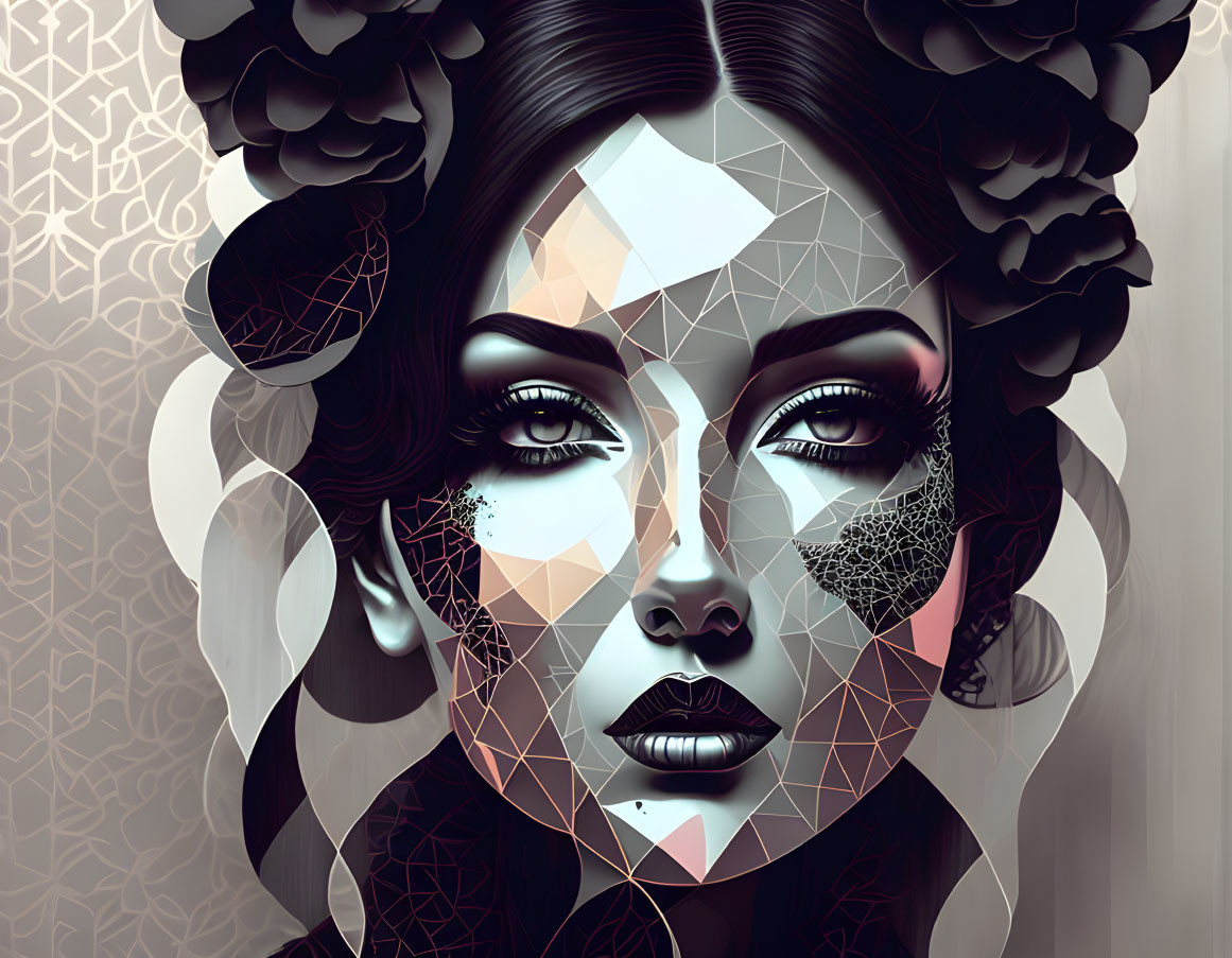 Geometric patterns adorn woman's dark hair and intense gaze