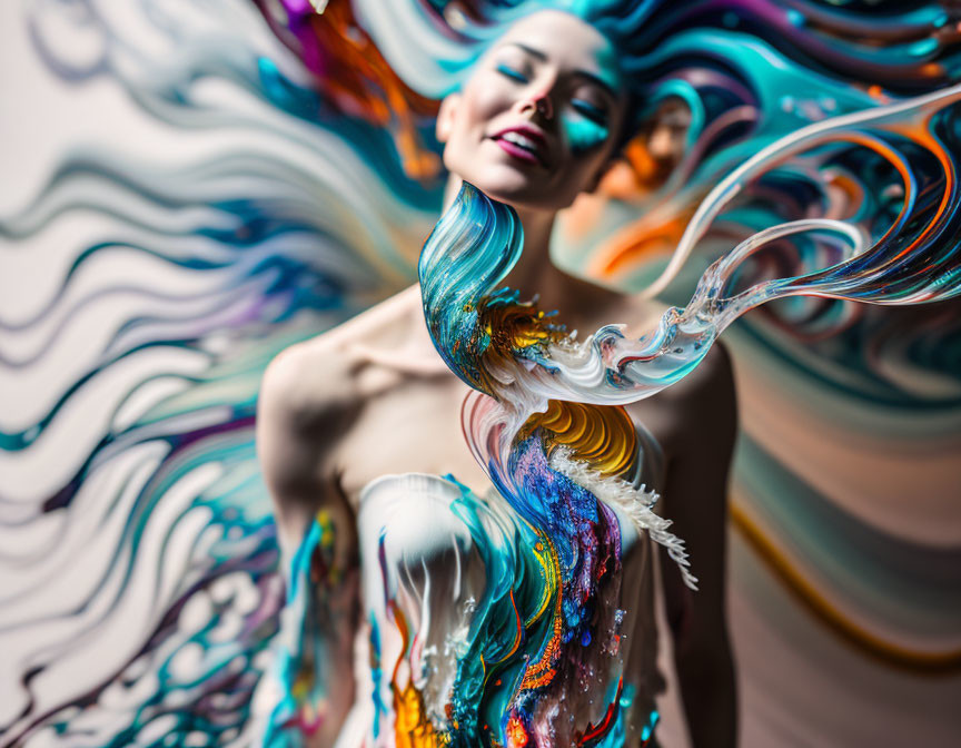 Vivid colorful patterns swirling around joyful woman