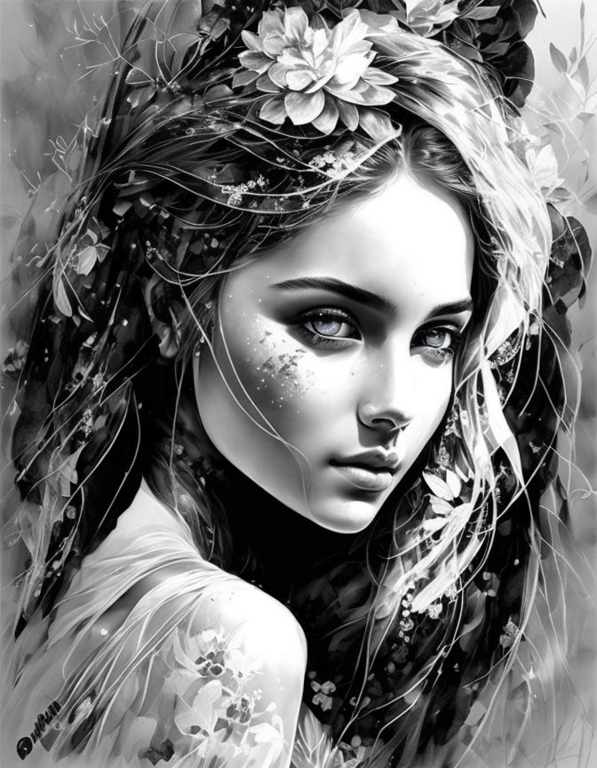 Monochrome portrait of a woman with floral hair adornments and intense gaze amid swirling pattern