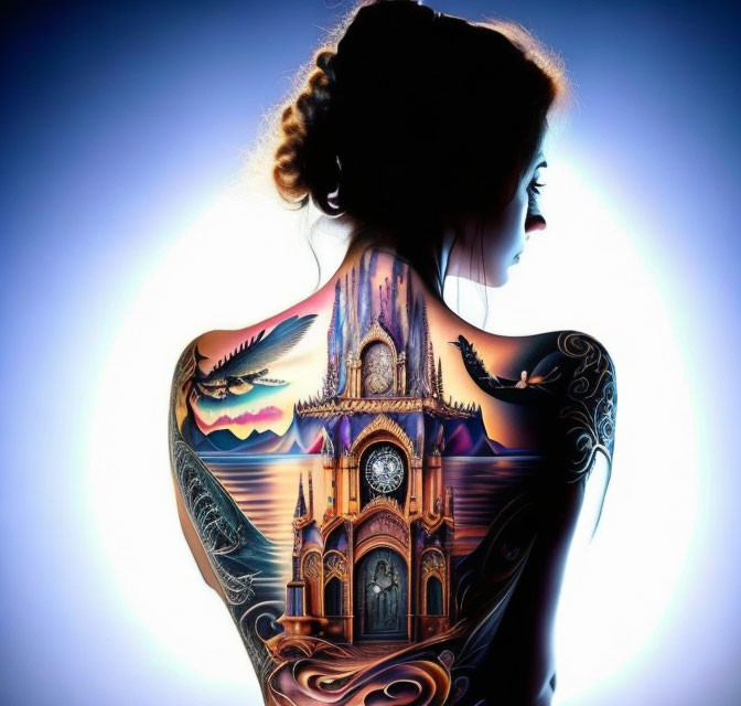 Intricate back tattoo: castle, clock, birds, blue gradient.