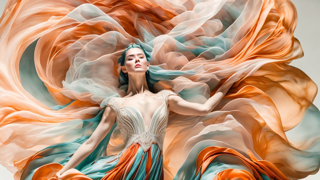 Ethereal woman in ornate dress with flowing, multicolored fabrics