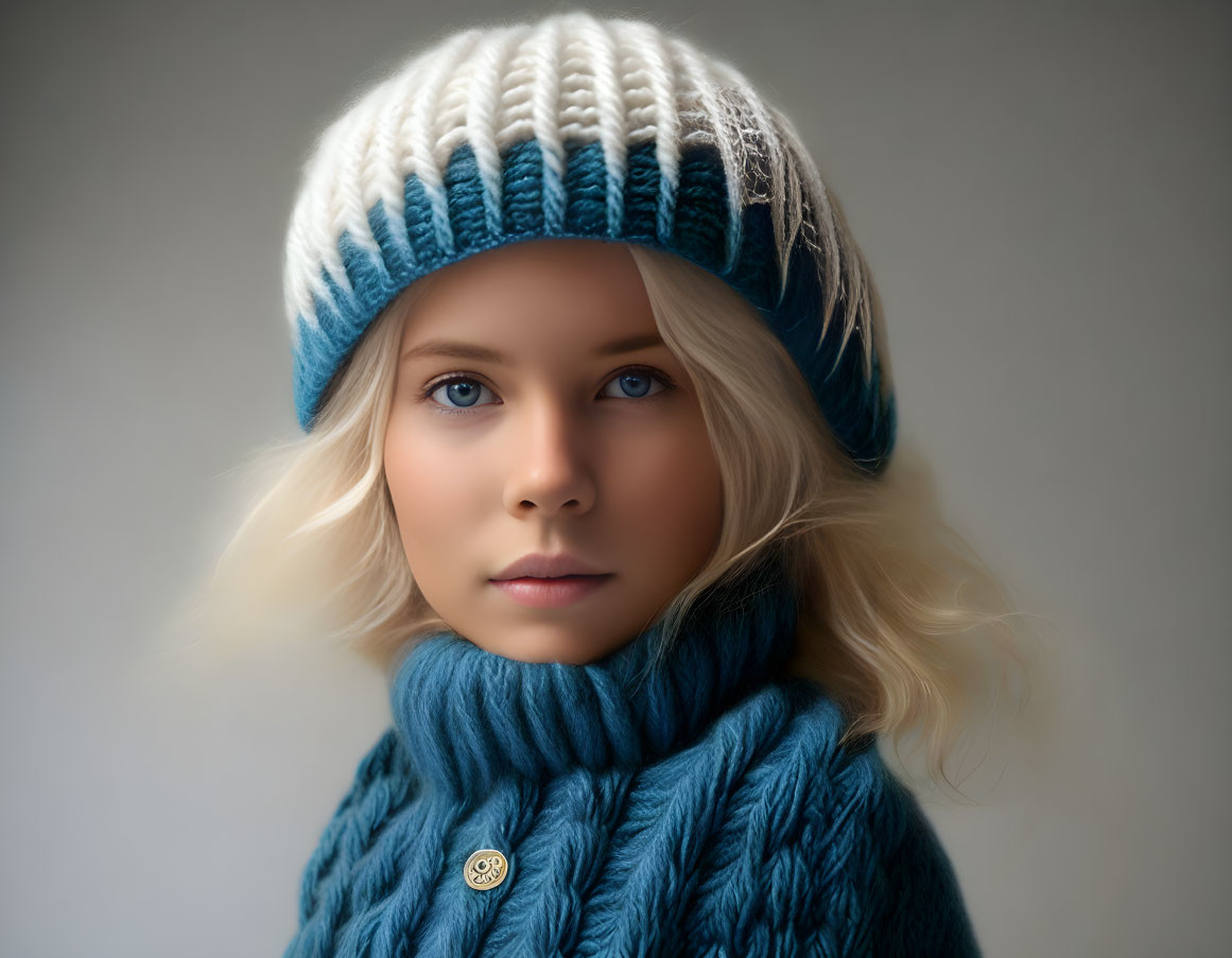 Blond person in white and blue knit cap and blue scarf on neutral background